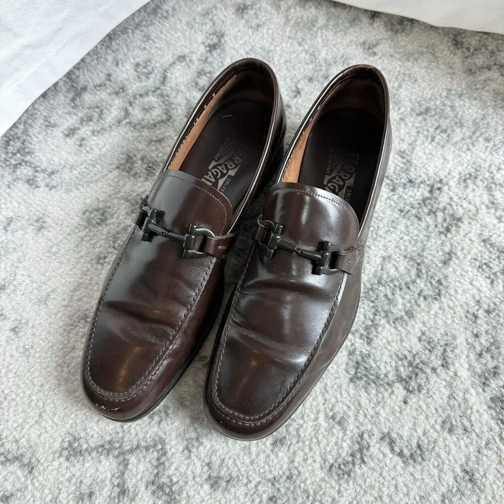 Salvatore Ferragamo Brown Patent Leather Black Gancini Bit Slip On Loafer 9 Shoe